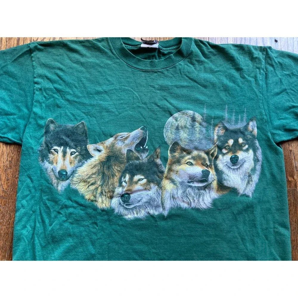 Vintage Wolf T Shirt Mens Large Green 90s Double Sided Native American Signal - Picture 2 of 10